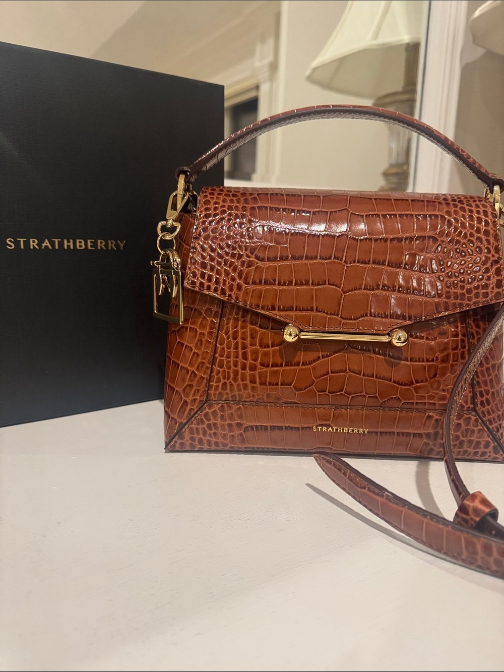 Strathberry Brown Croc-Embossed Top Handle Satchel with Gold Hardware